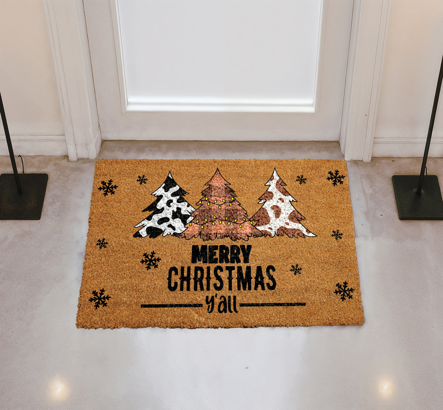 Cow Print Christmas Tree Welcome Mat, Rustic Holiday Porch Rug
