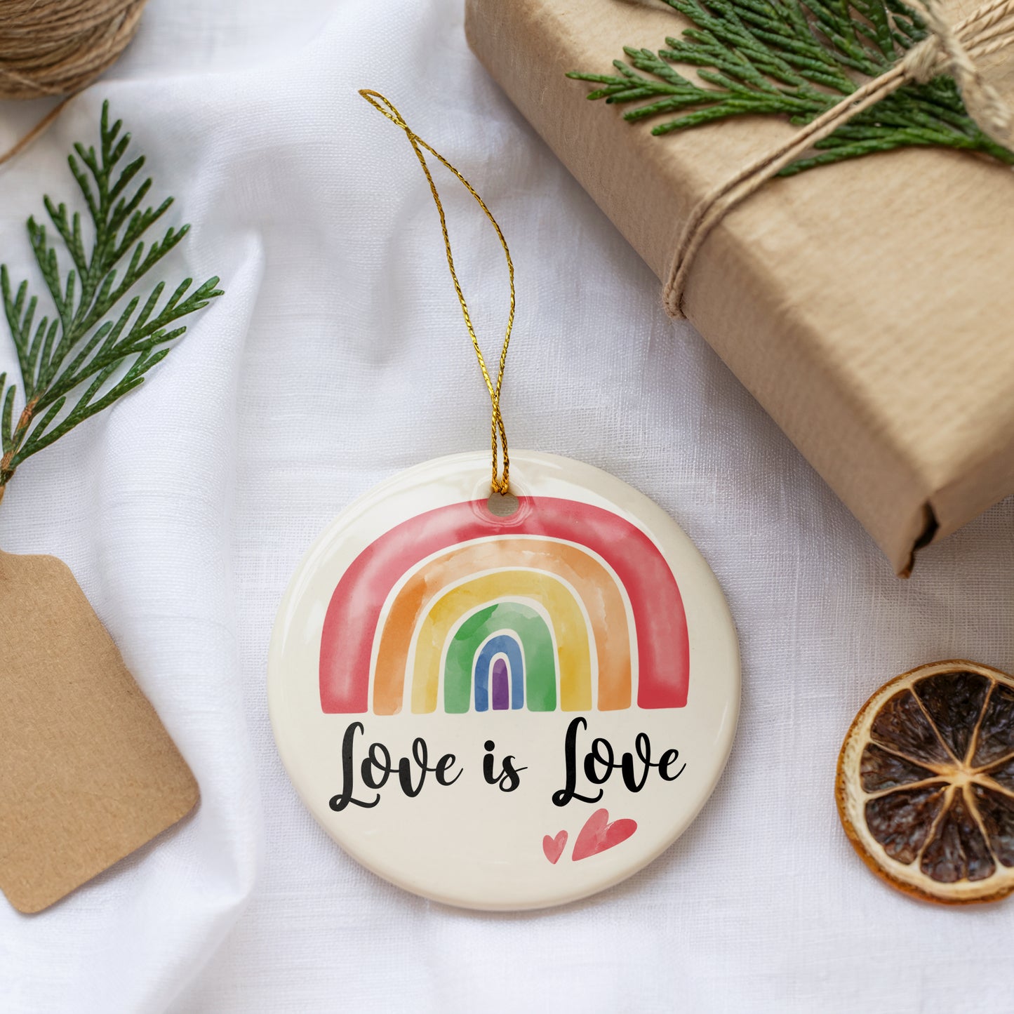 Watercolor Rainbow Ornament, LGBTQ+ Couple Keepsake, Ceramic Pride Wedding Gift