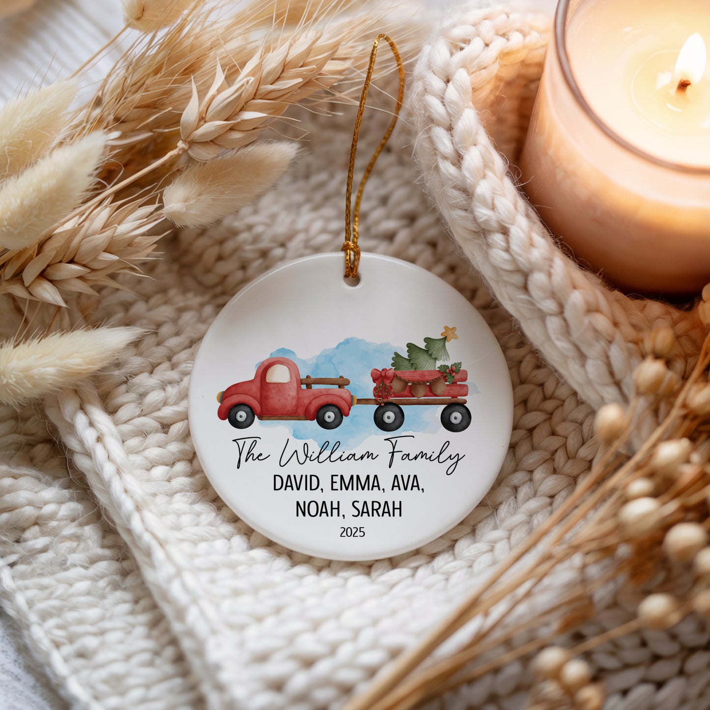 Custom Family Christmas Ornament, Car with Tree Design Keepsake Decor