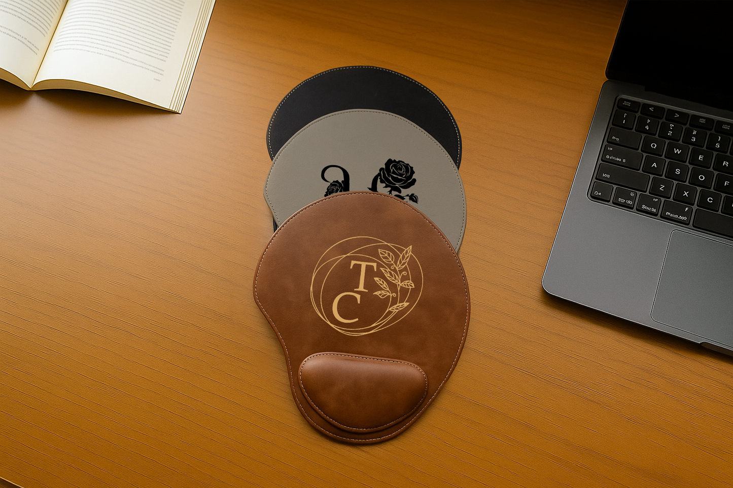 Custom Floral Mousepad: Vegan Leather, Engraved Name, Wrist Support.