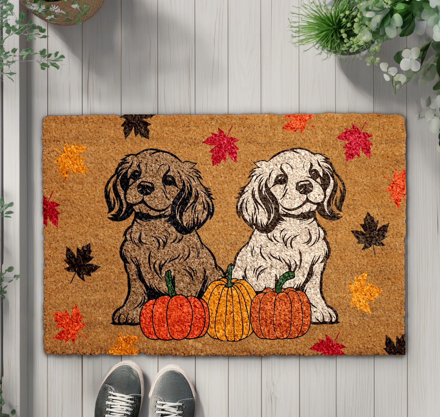 Autumn Dog Lovers Welcome Mat, Fall Leaves & Pumpkins Decor