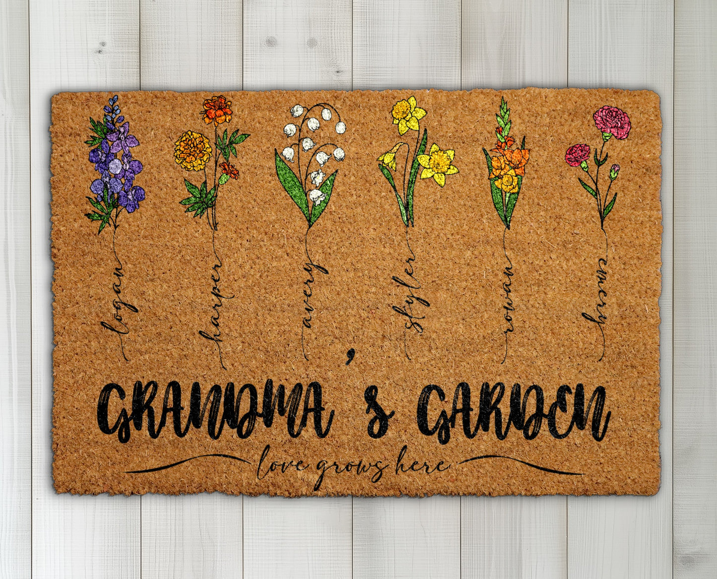 Personalized Grandkids' Name Doormat, Birth Month Flower Coir Rug!