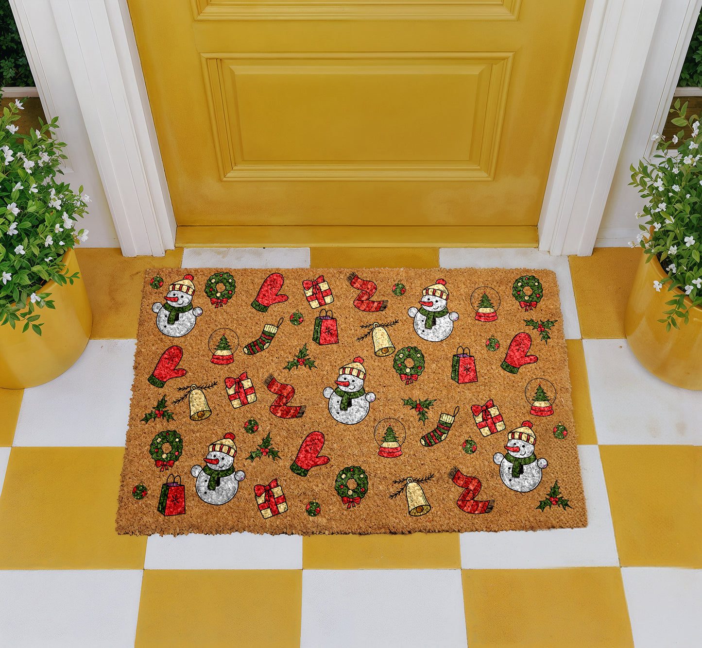 Winter Wonderland: Festive Snowman & Holiday Pattern Coir Doormat, Housewarming Gift
