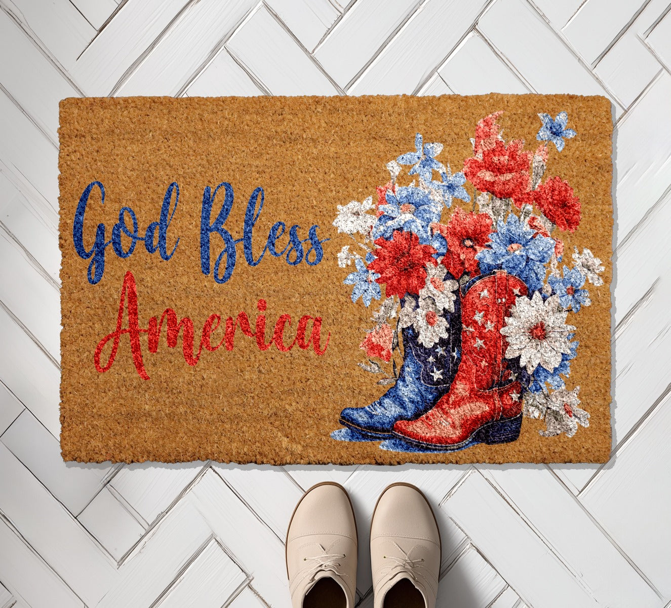 Patriotic God Bless America, Floral Cowboy Boots, July Welcome Mat
