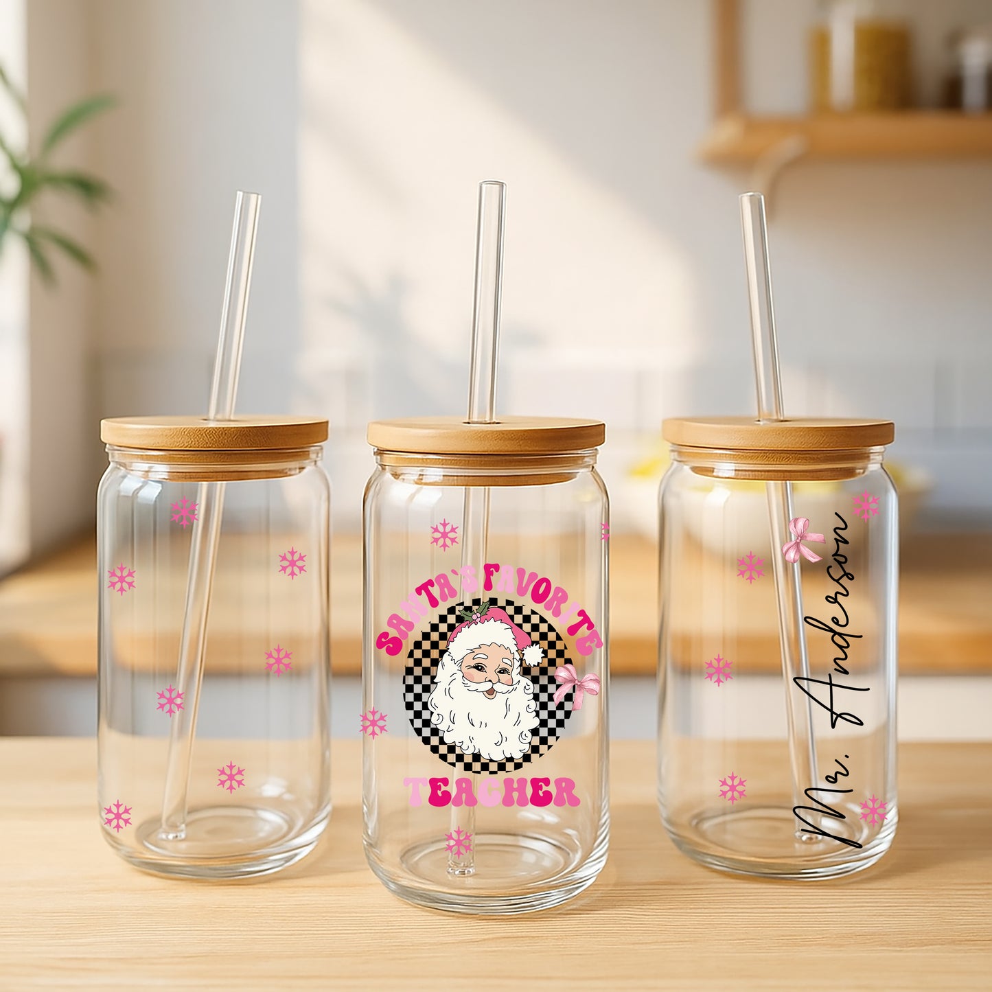 Checkered Santa's Favorite Teacher Tumbler, Christmas Appreciation Gift Bulk Option