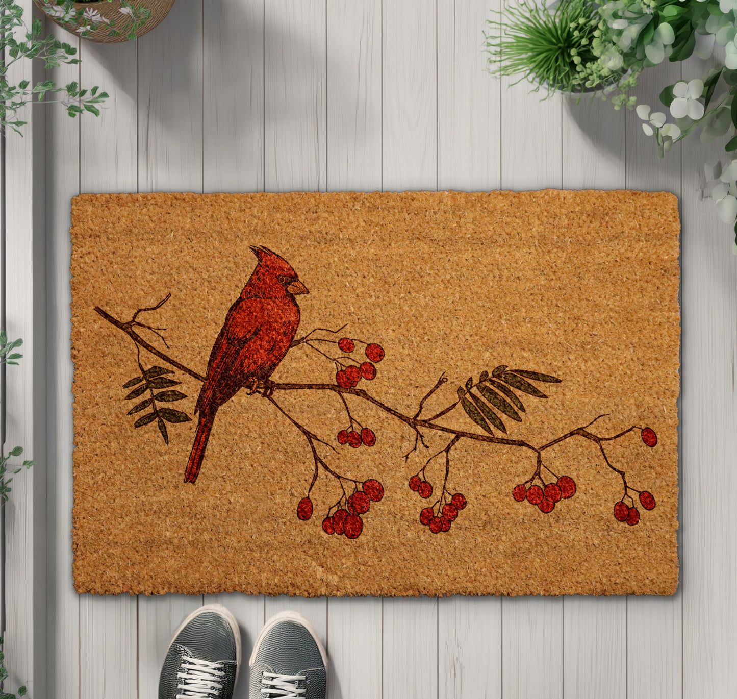 Cheerful Red Cardinal Doormat, Festive Holiday Housewarming Gift for Bird Lovers.