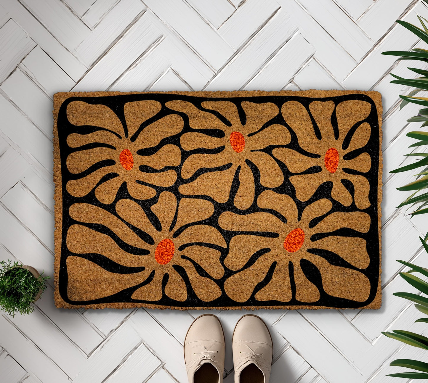 Retro Boho Floral Doormat for Stylish Mid Century Modern Homes