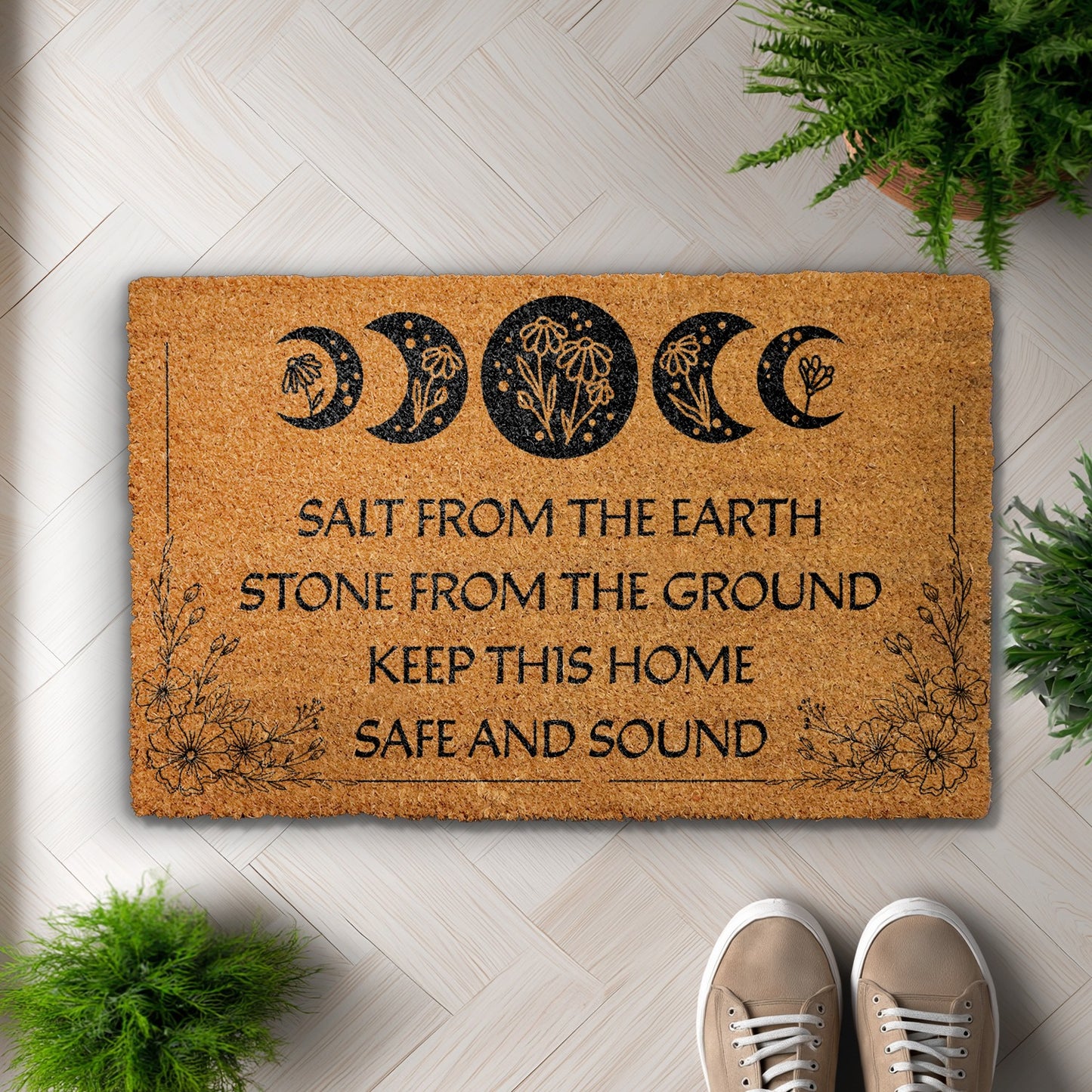 Witchy Welcome Mat, Floral Lunar Cycle Porch Rug for Home Protection