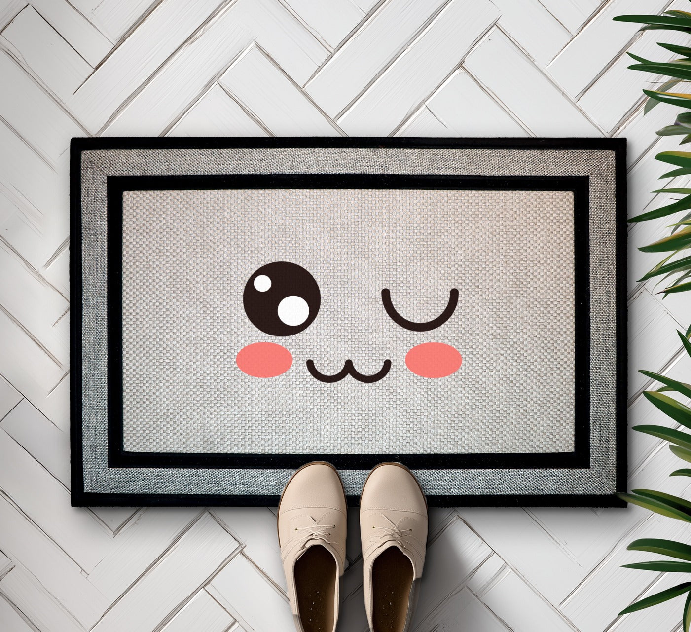 Playful Winking Emoji Doormat, Kawaii Welcome Mat for Front Porch