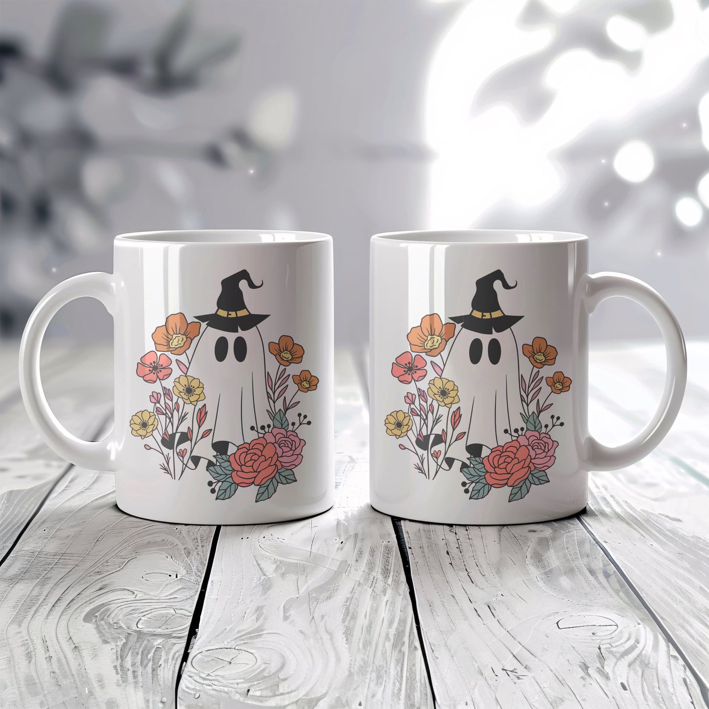 Floral Witch Hat Ceramic Mug, Halloween Tea Cup, Colorful Ghost