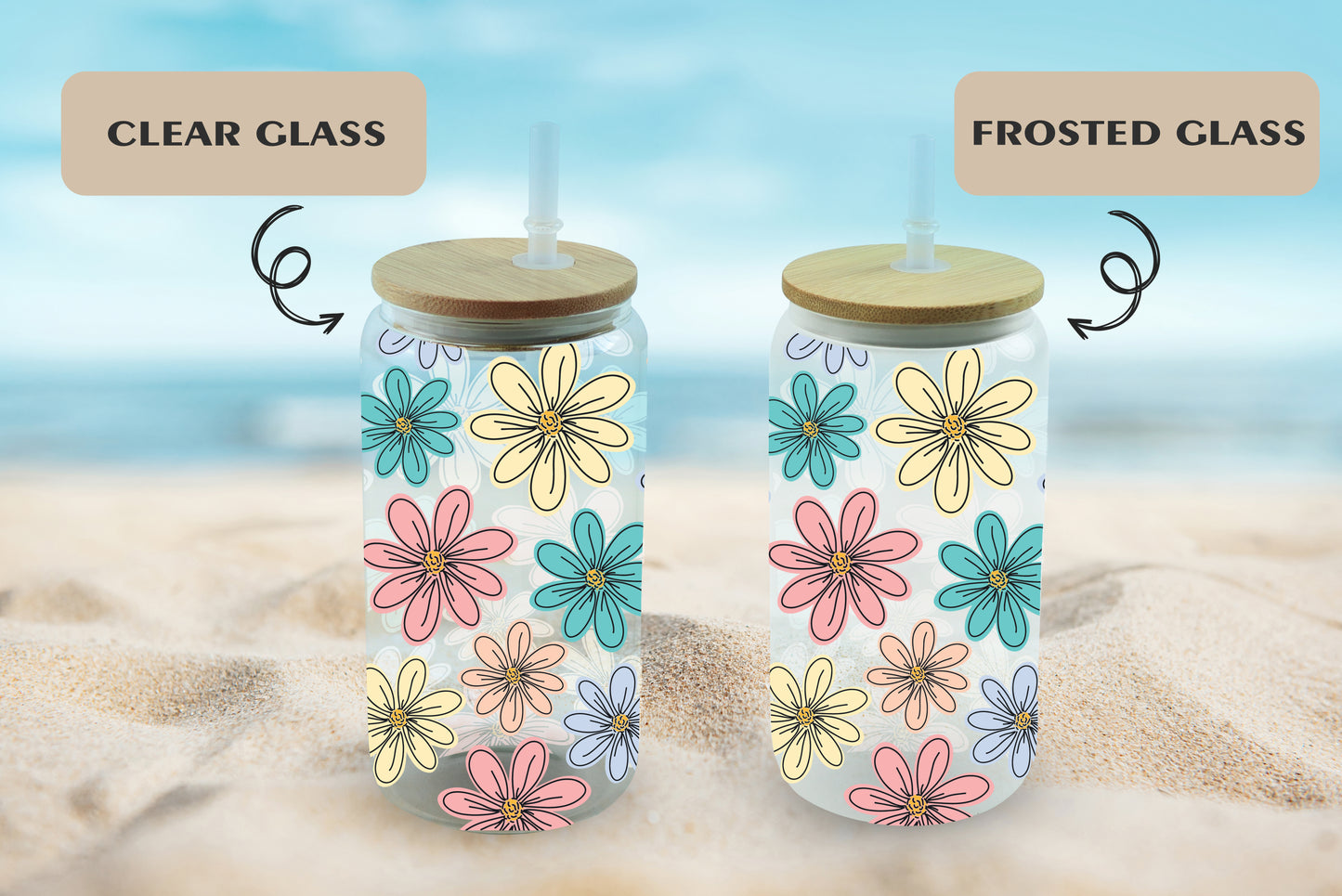 Boho Daisy Tumbler, Retro Floral Coffee Cup, Groovy Smoothie Glass