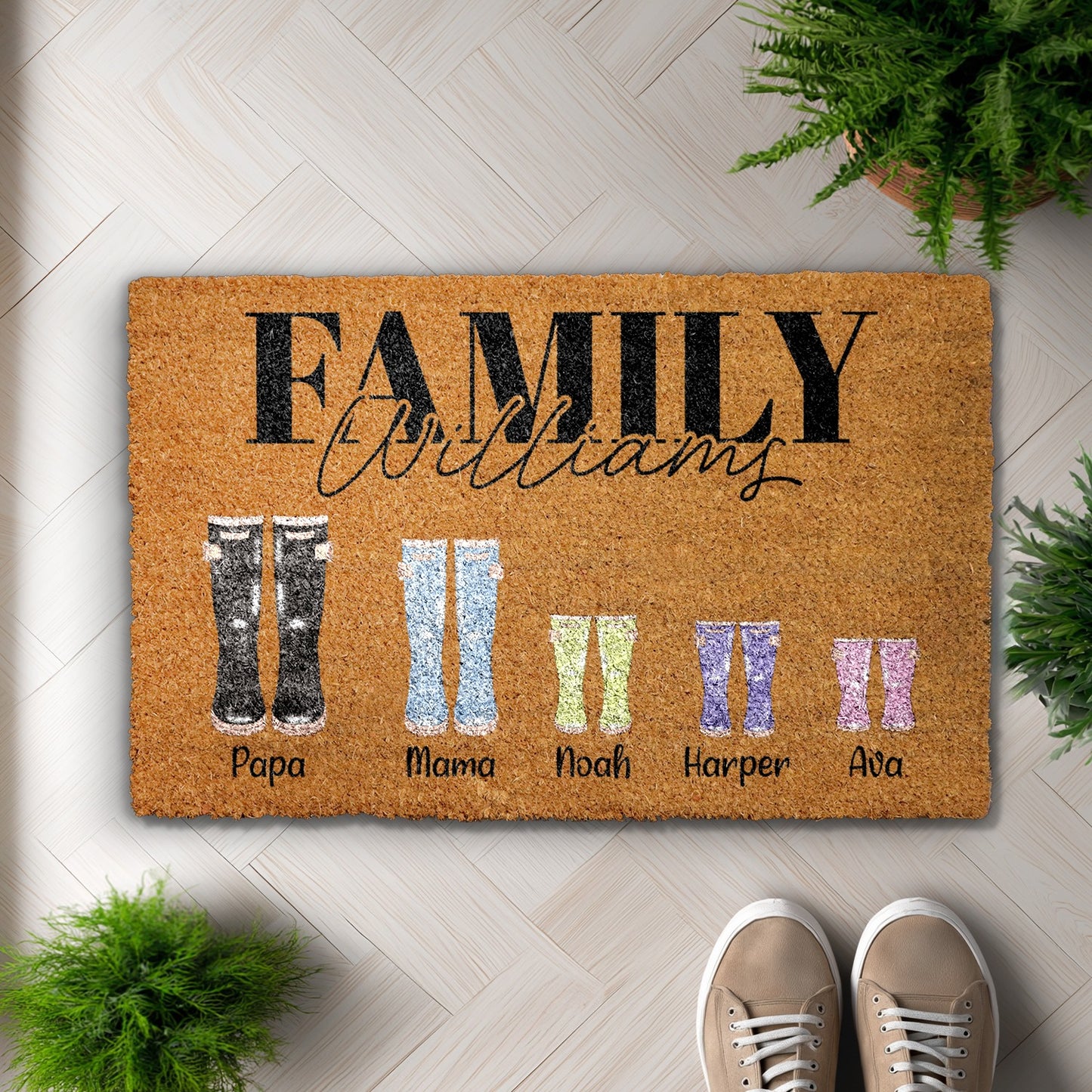 Personalized Family Wellies Doormat, Last Name Welcome Mat, Porch Decor