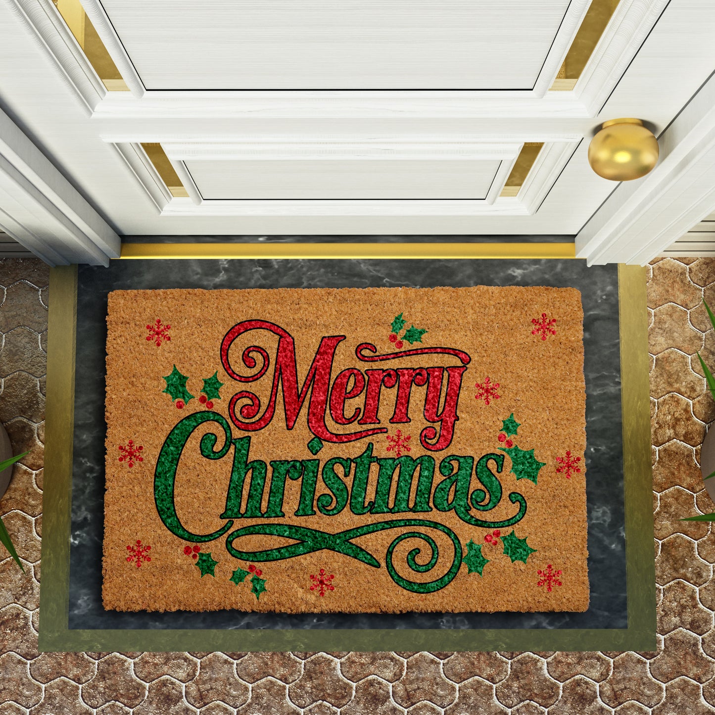 Festive Holly & Berries Doormat, Cheerful Xmas Home Decor Accessory