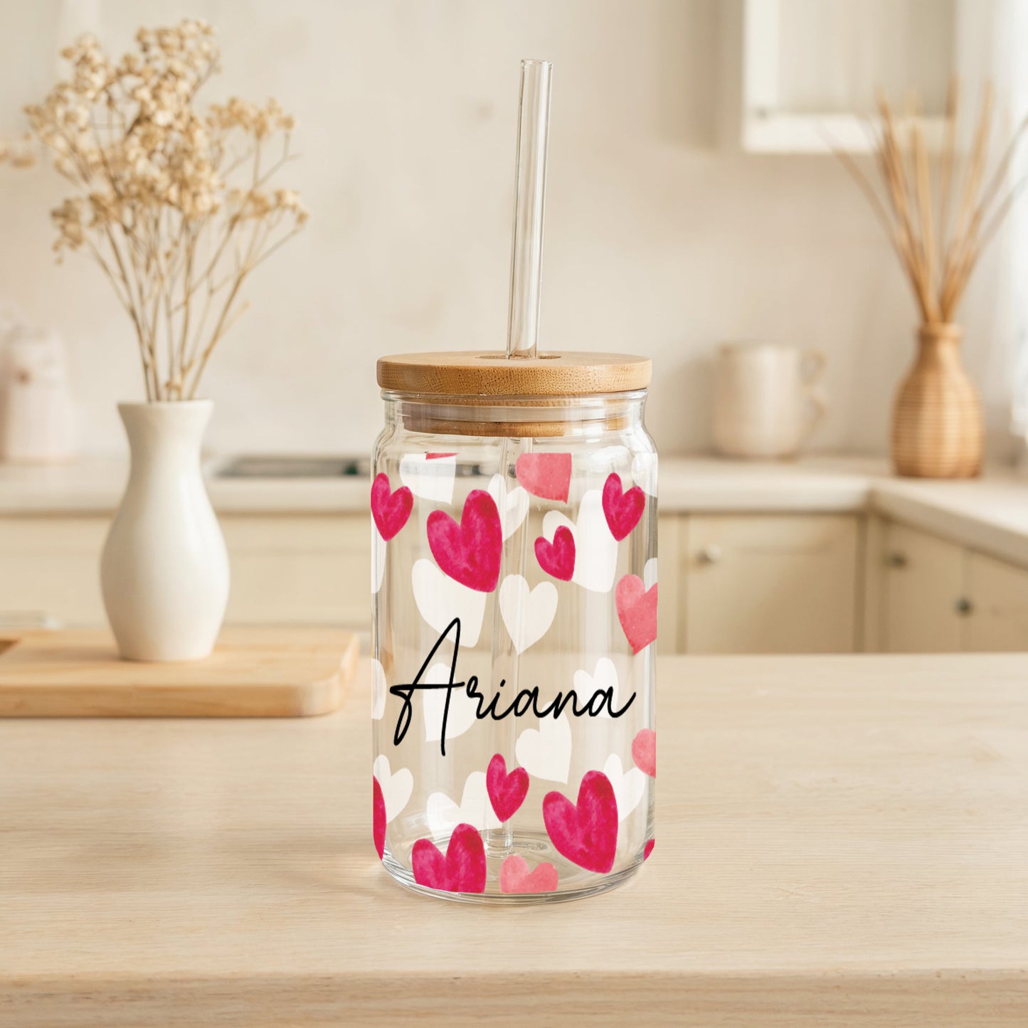 Personalized Iced Coffee Cup, Heart Print Can Glass, Eco-Friendly Tumbler