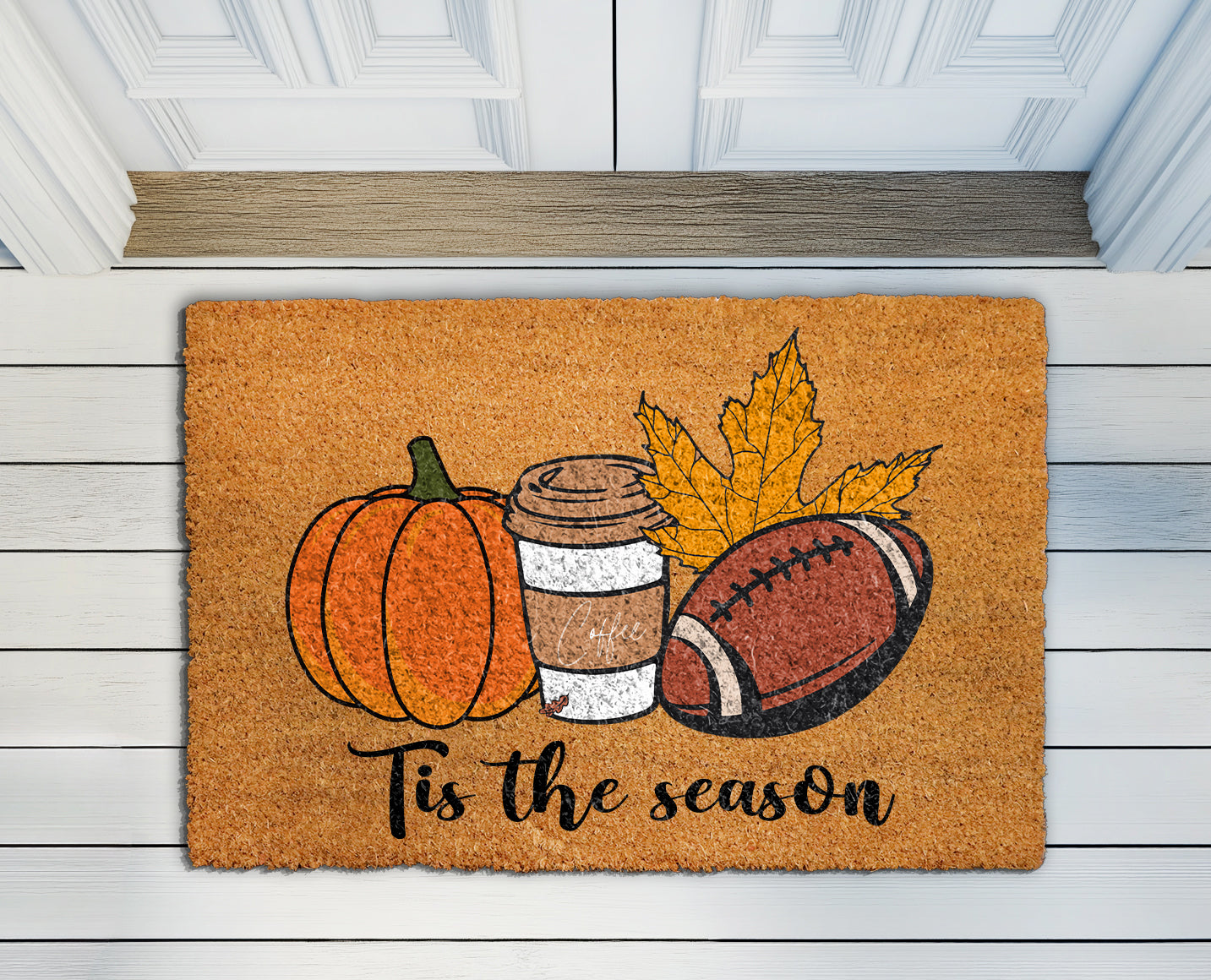 Festive Fall Welcome Mat: Tis The Season Pumpkin Coffee Vibes