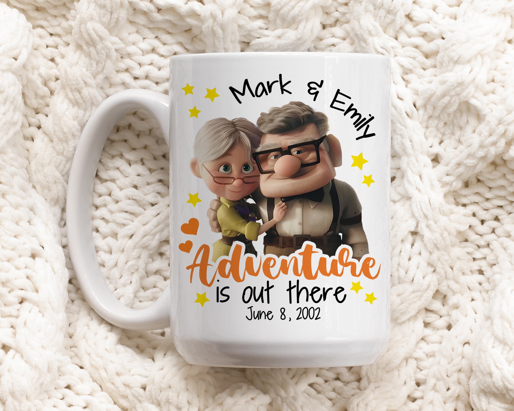 Adventure Awaits: Personalized Up Movie Couple Anniversary Names Coffee Mug