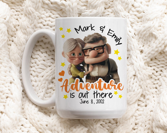 Adventure Awaits: Personalized Up Movie Couple Anniversary Names Coffee Mug