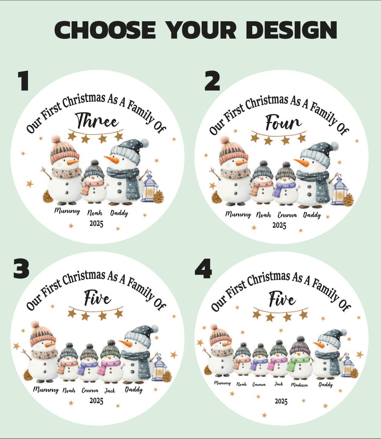 Snowmen Theme Family Xmas Ornament, Customizable Ceramic Keepsake Gift