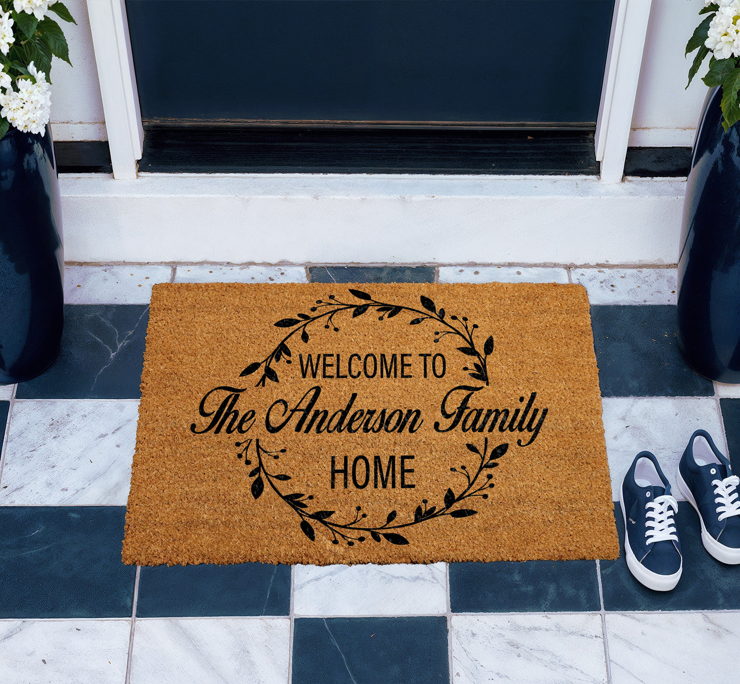 Custom Family Name Berry Wreath Doormat, Welcome To Home Coirmat