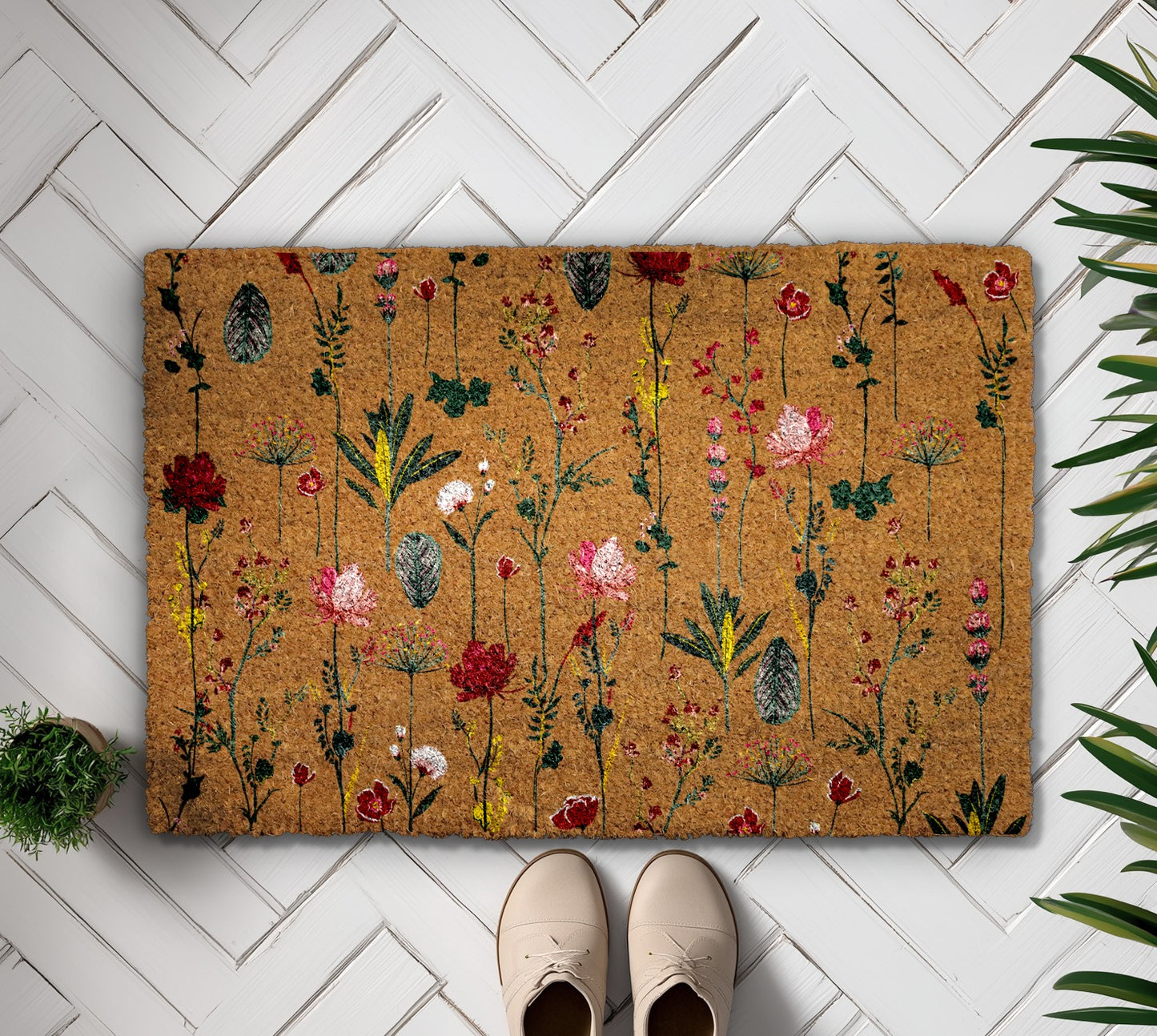 Boho Floral Welcome Mat, Colorful Spring Blossom Doormat, Charming Entrance Rug