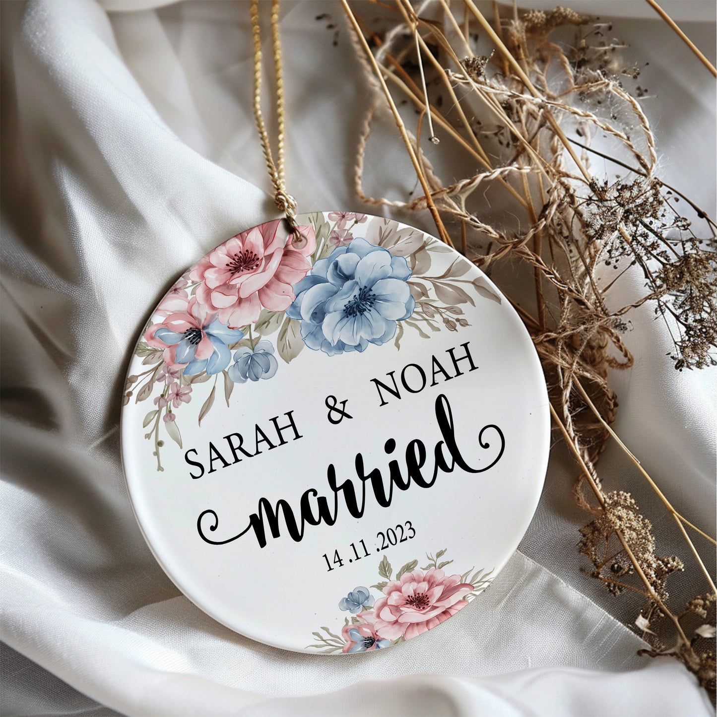Custom Wedding Keepsake: Personalized Married Ornament, Elegant Floral Decor