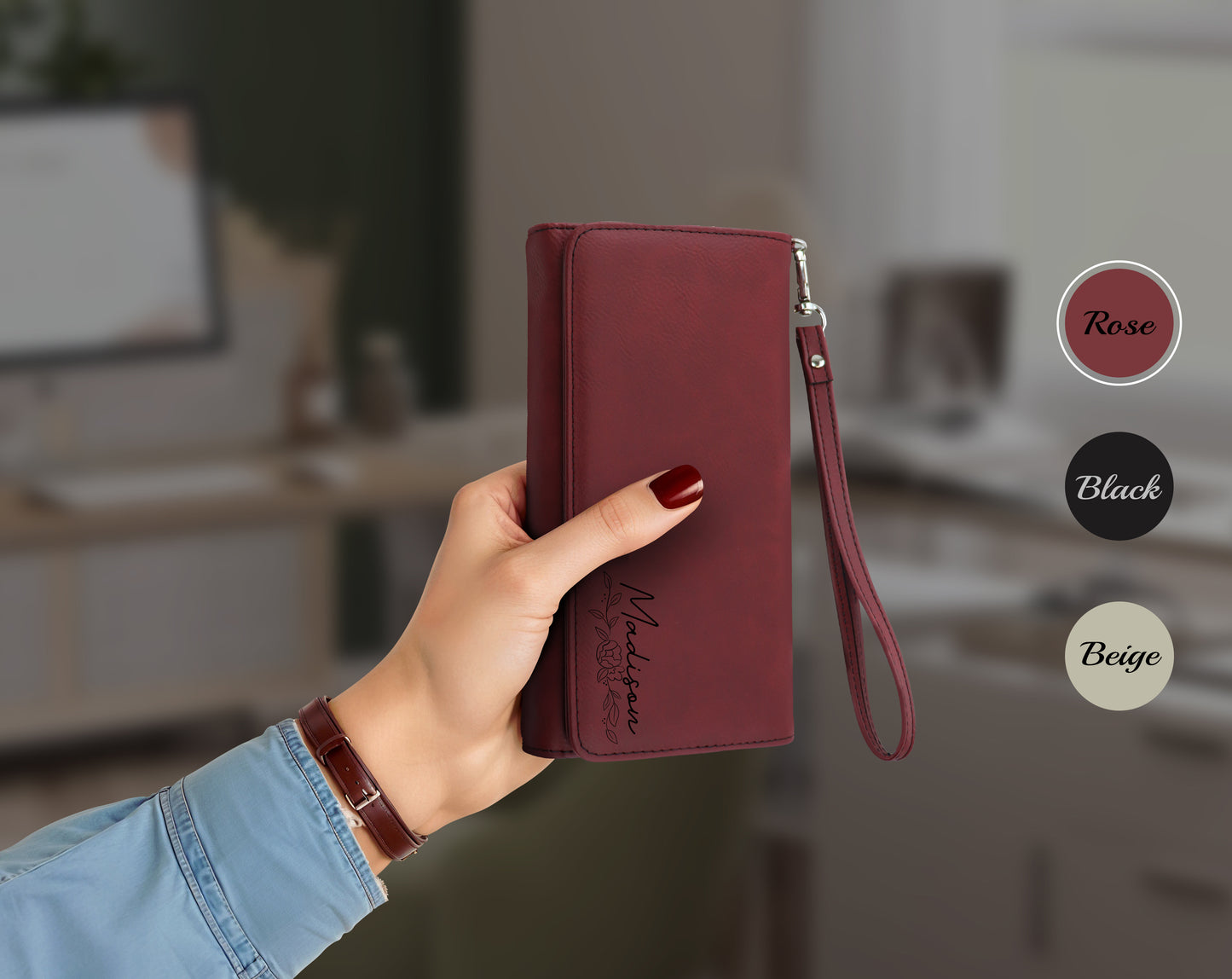 Custom Vegan Leather Wallet with Engraved Name, Floral Wristlet Purse