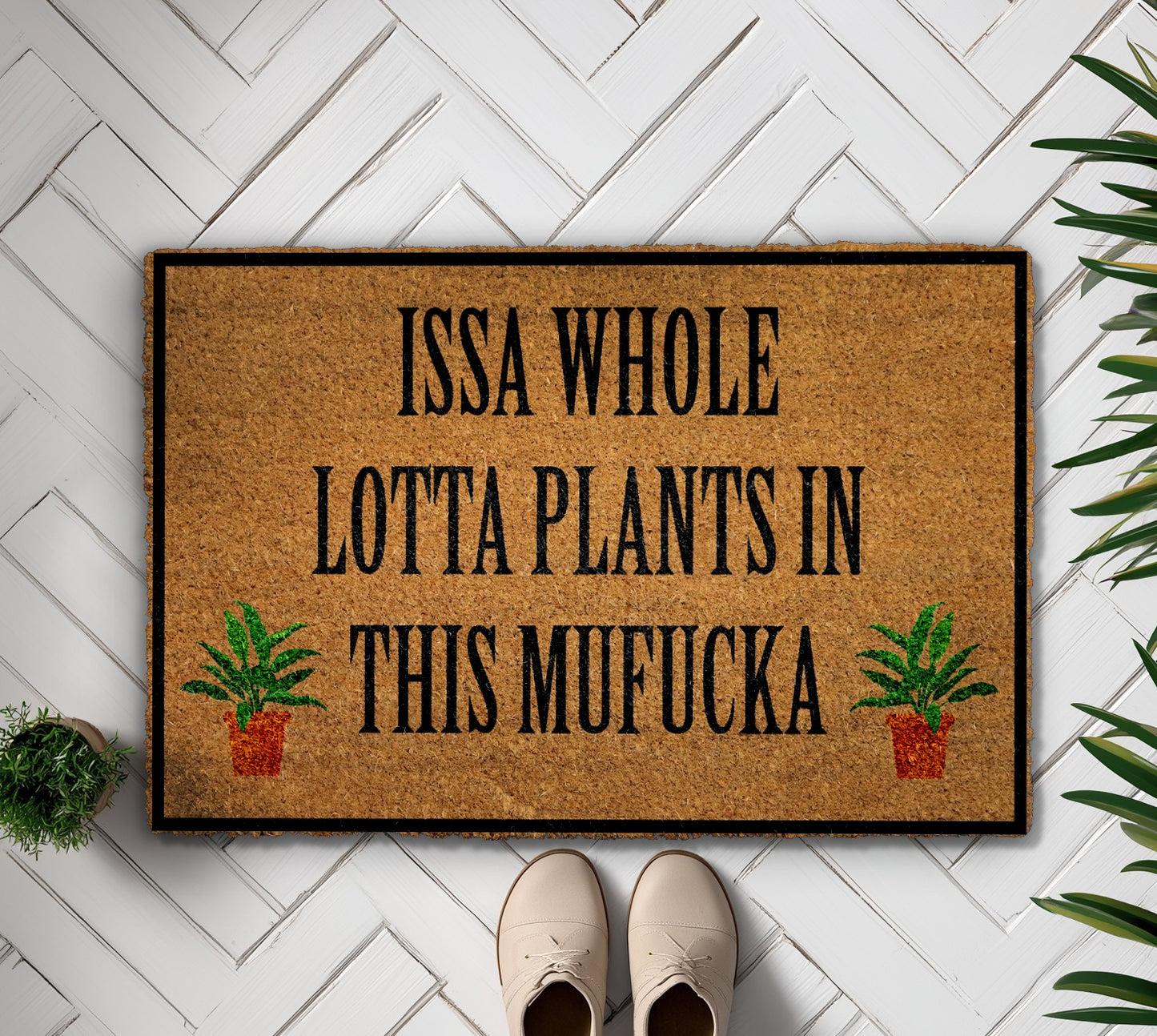 Welcome with a whole lotta plants in this doormat!