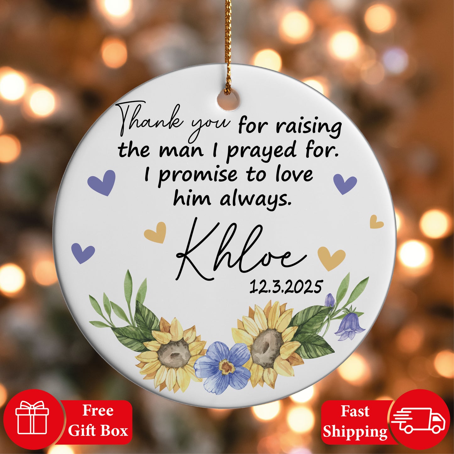 Floral Mother-In-Law Wedding Keepsake Ornament, Personalized Groom's Mom Thank You.