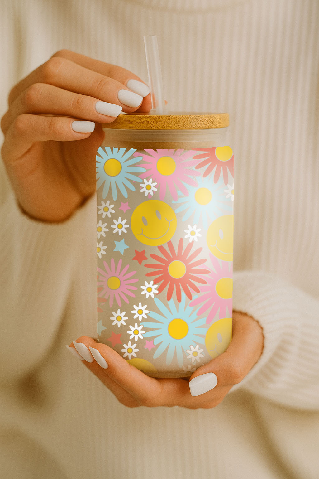 Colorful Daisy Glass Cup, Floral Smiley Tumbler, Aesthetic Iced Drinkware