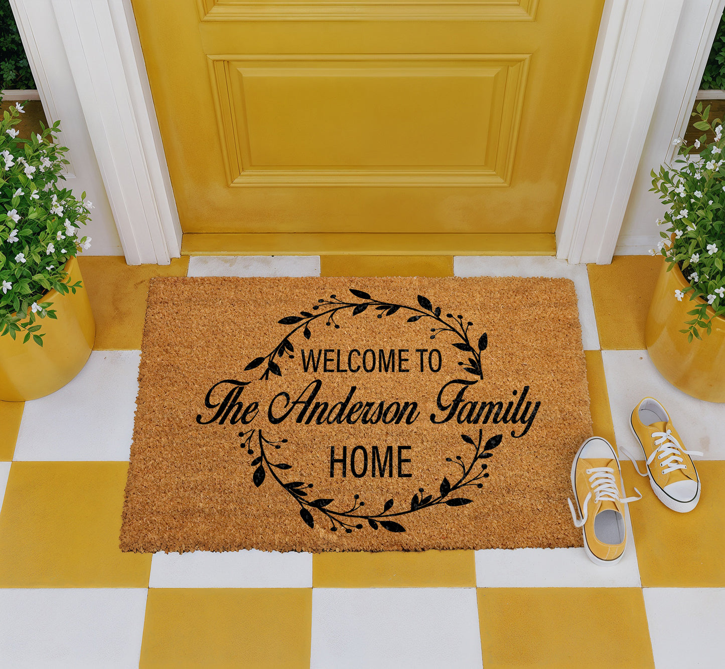 Custom Family Name Berry Wreath Doormat, Welcome To Home Coirmat