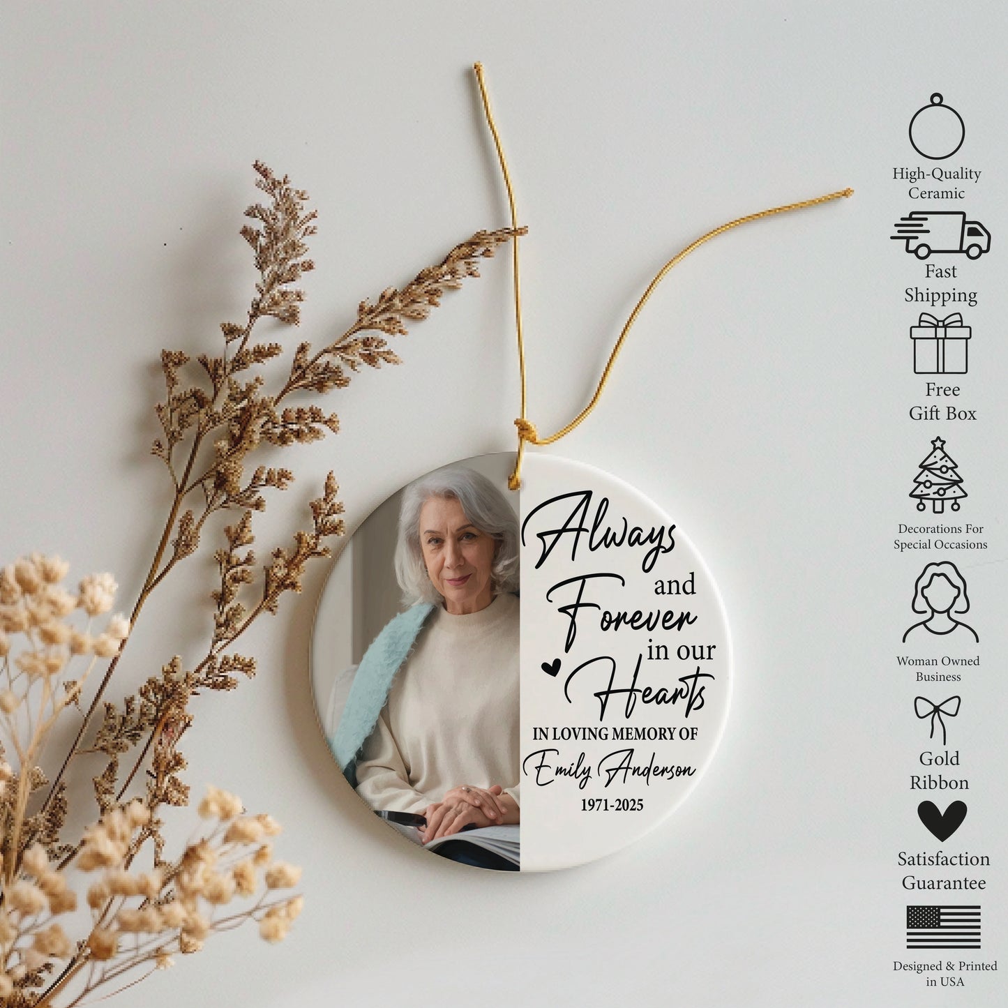 Custom Ceramic Ornament for Personalized Remembrance, Always in Our Hearts