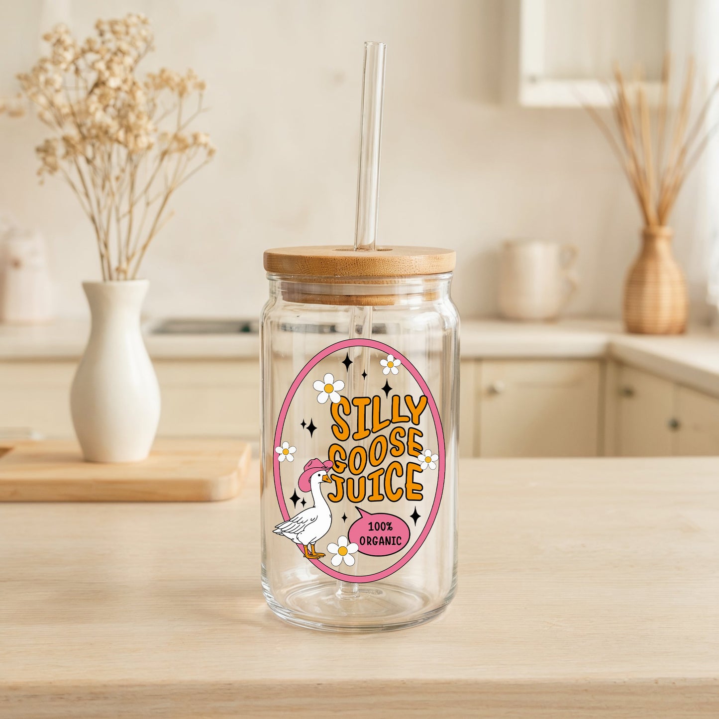 Silly Goose Juice Can Glass Tumbler, Daisy Flower Cup.