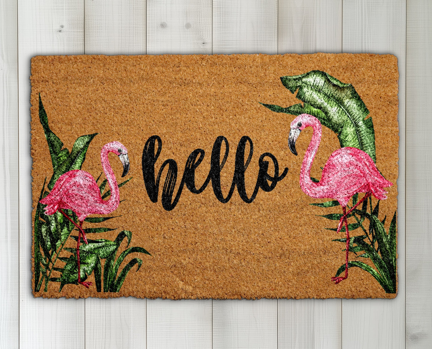 Tropical Leaves & Pink Flamingo Doormat: Charming Summer Welcome Rug