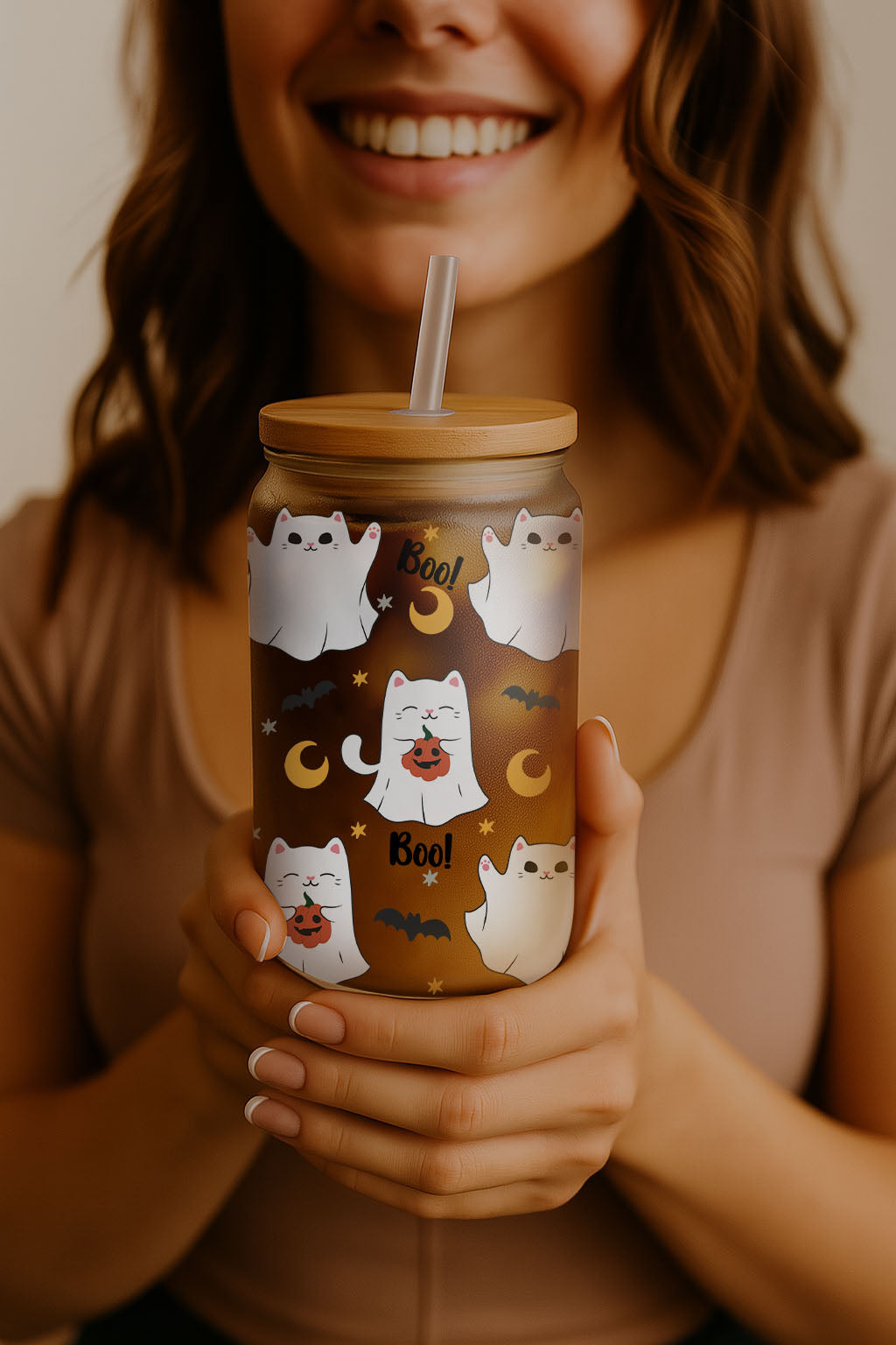 Spooky Season Ghost Cats, Pumpkin Iced Coffee Glass Tumbler