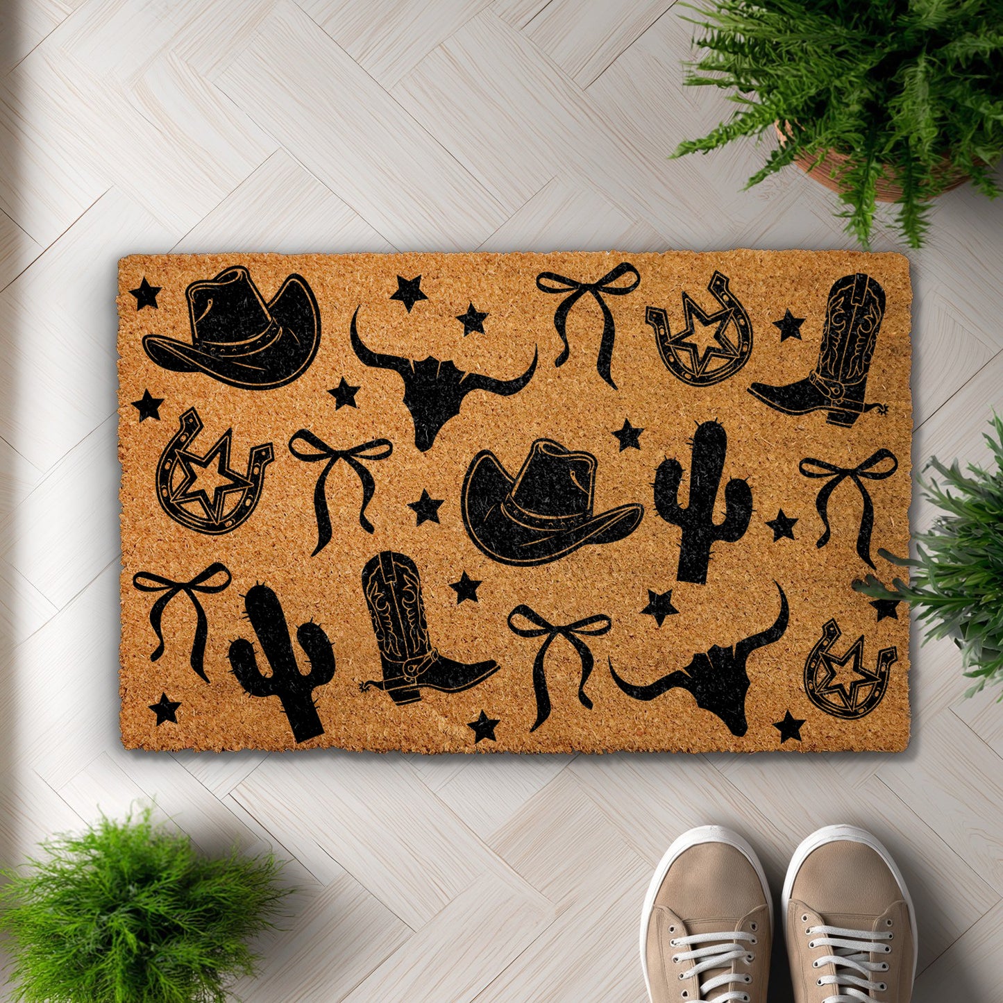 Western Cowboy Doormat: Horseshoe, Cactus, Boots & Hats Welcome Mat
