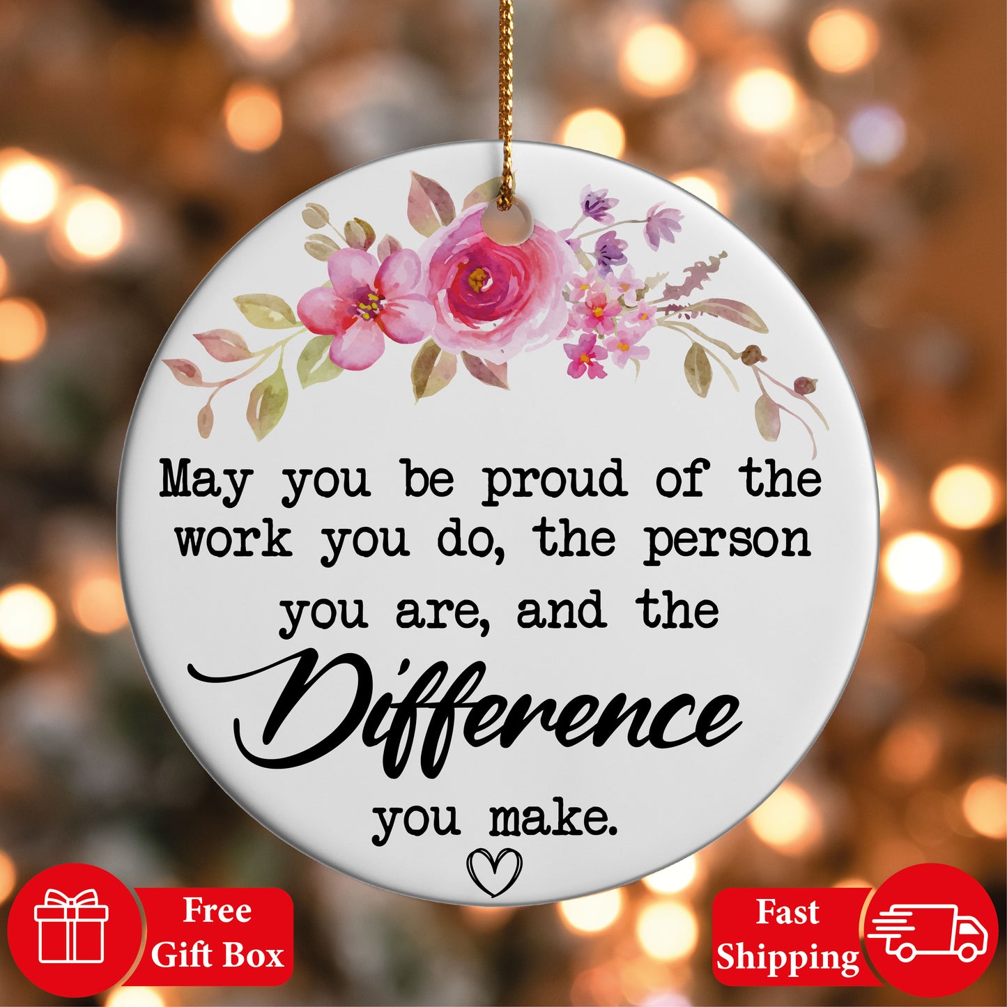 Floral Empowering Message Ceramic Ornament, Proud of the Person You Are