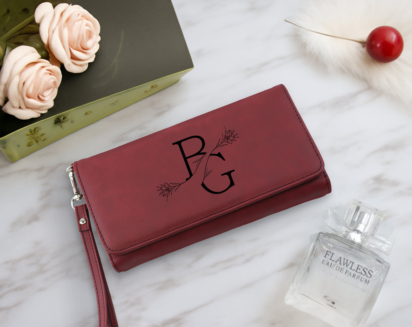 Custom Vegan Leather Wallet with Floral Engraving, Perfect Bridesmaid Gift