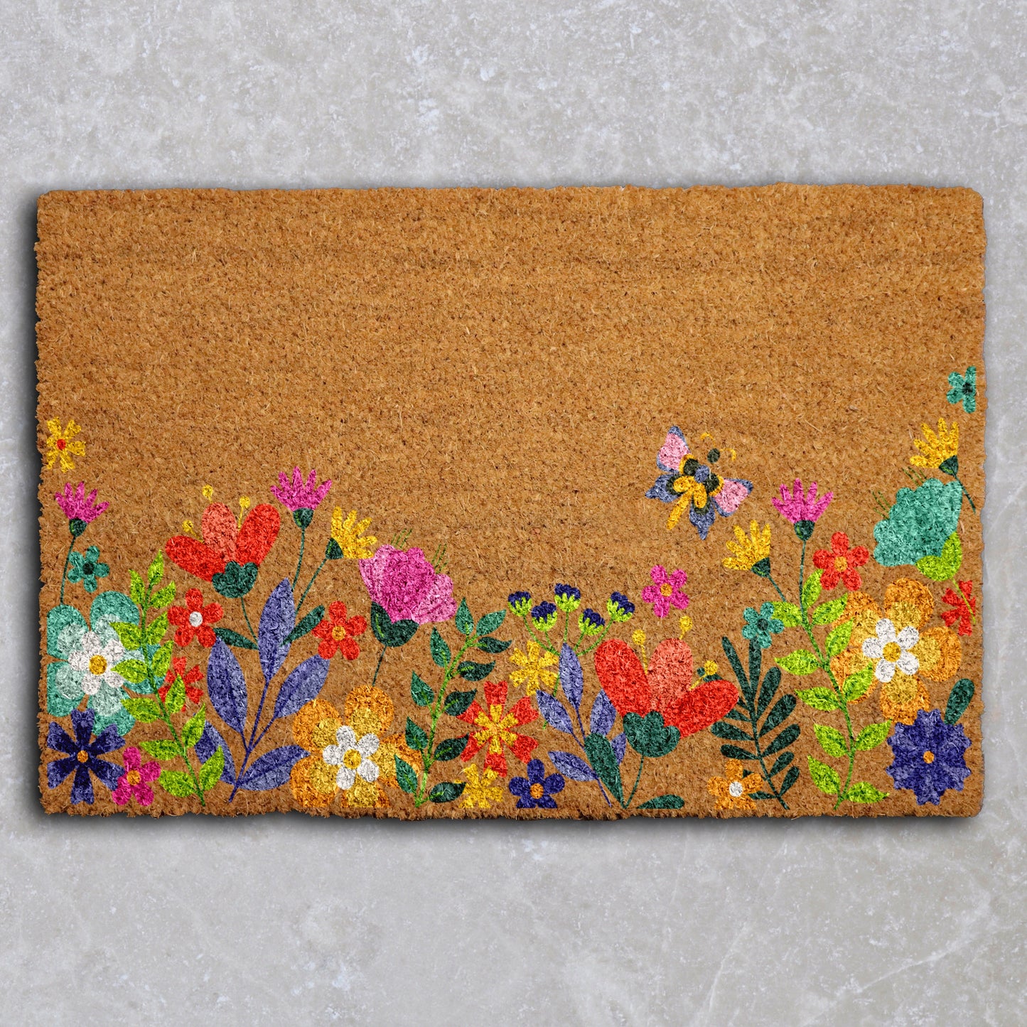 Butterfly & Floral Welcome Mat, Vibrant Spring Garden Entrance Rug