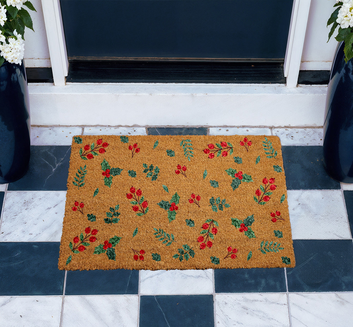 Cozy Christmas Holly Berry Doormat, Festive Winter Welcome Mat