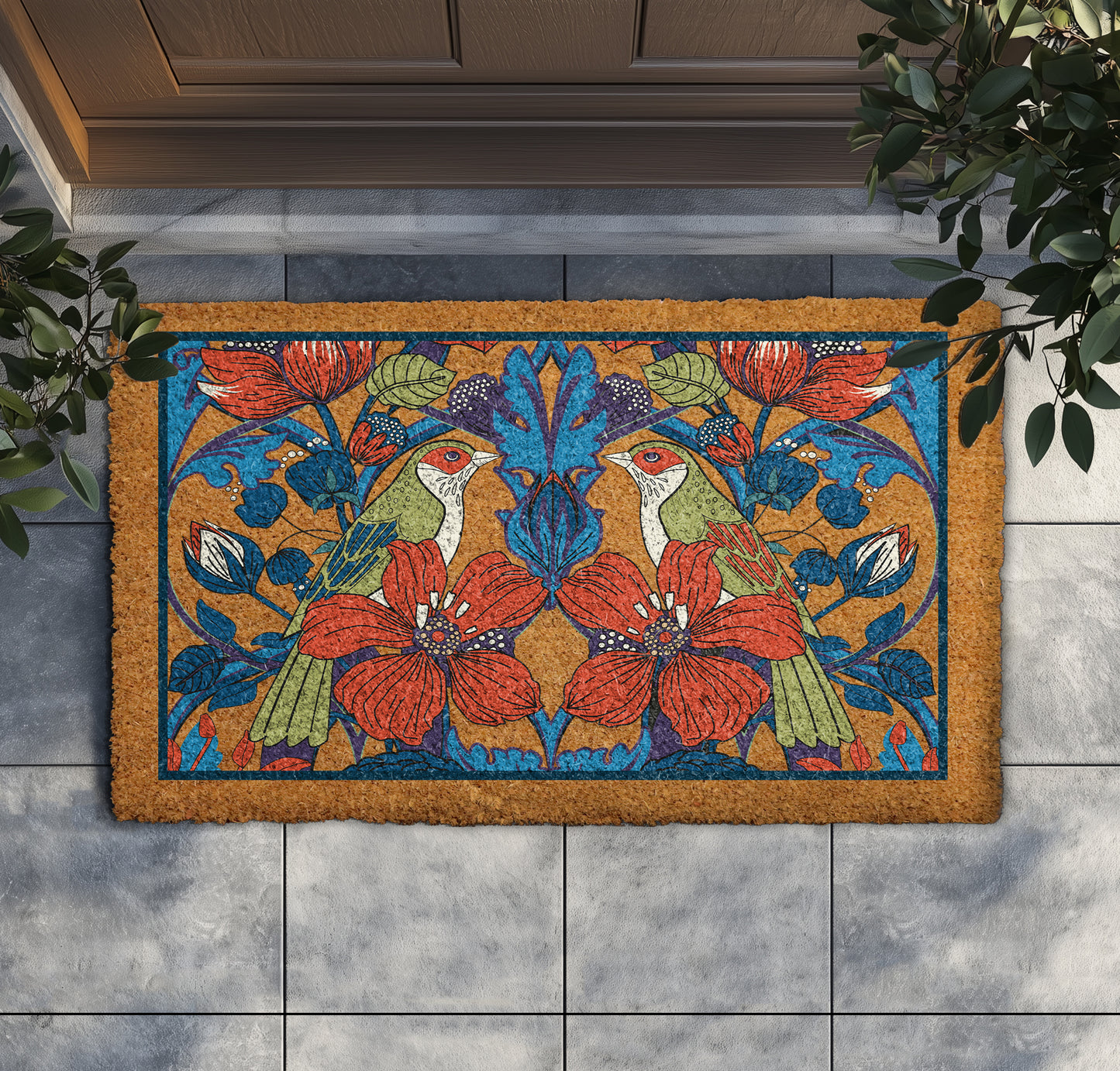 Elegant Bird and Floral Welcome Mat, Nature-Inspired Front Door Rug