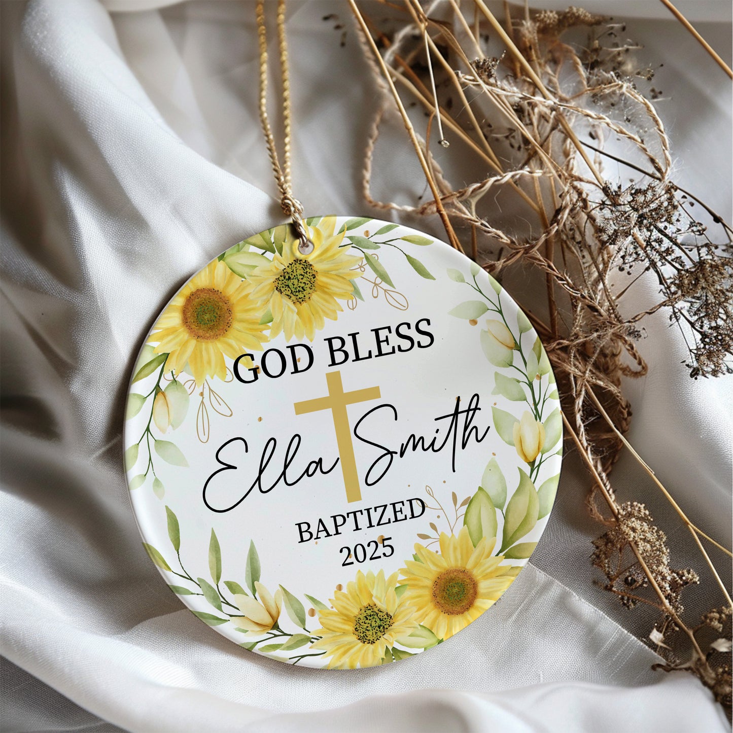 Custom Baptism Ornament, Personalized God Bless Gift, Sunflower Christening Keepsake