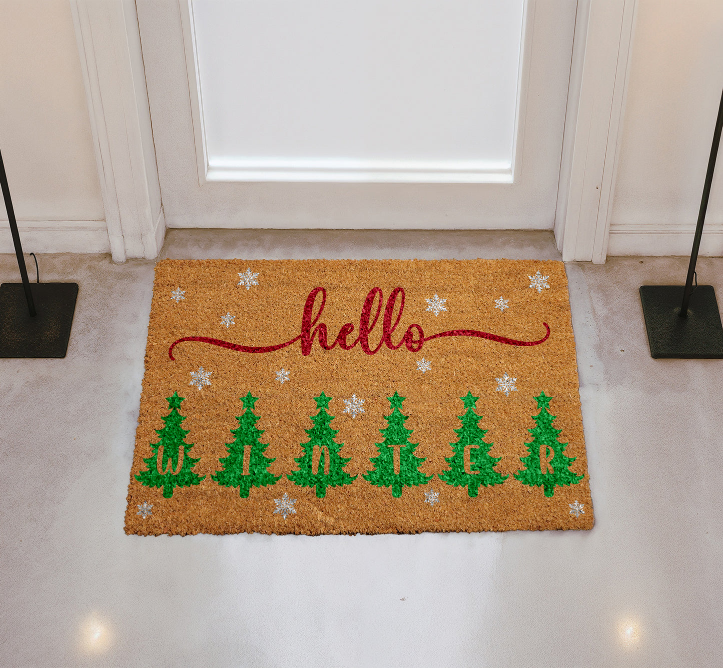 Snowflakes & Trees Welcome Mat, Festive Holiday Home Decor