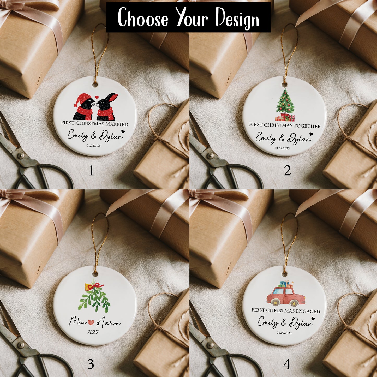Couples Christmas Ornament, Romantic Ceramic Keepsake for New Year