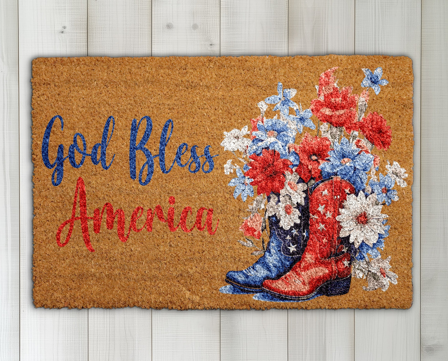 Patriotic God Bless America, Floral Cowboy Boots, July Welcome Mat