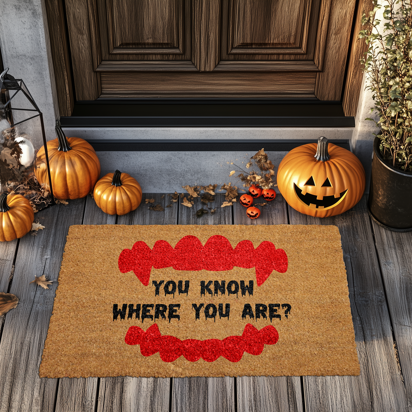 Welcome in Style with our Vampire Fangs Coco Doormat