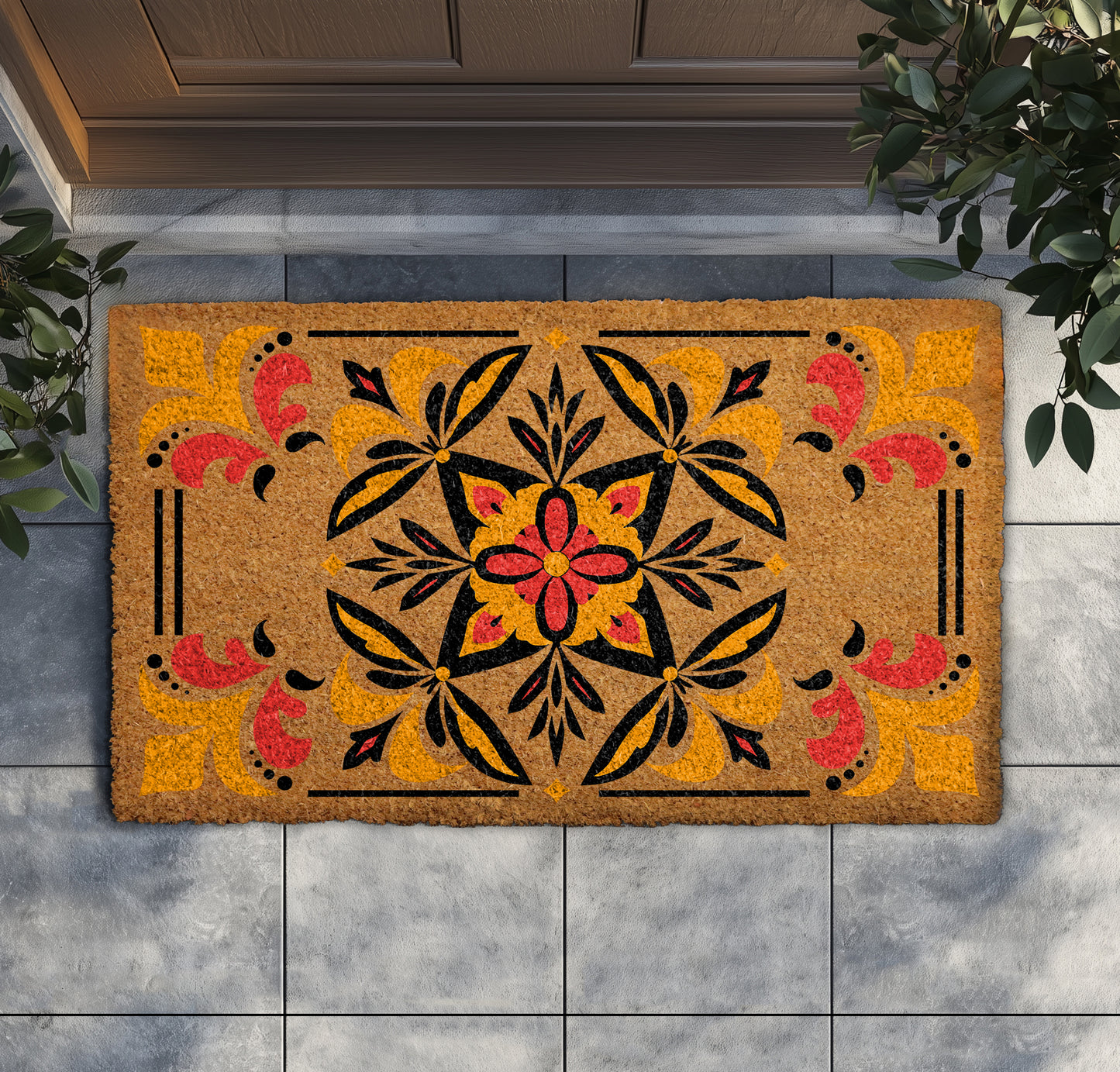 Bohemian Coir Mat: Moroccan Tile Doormat with Ornate Mediterranean Flair
