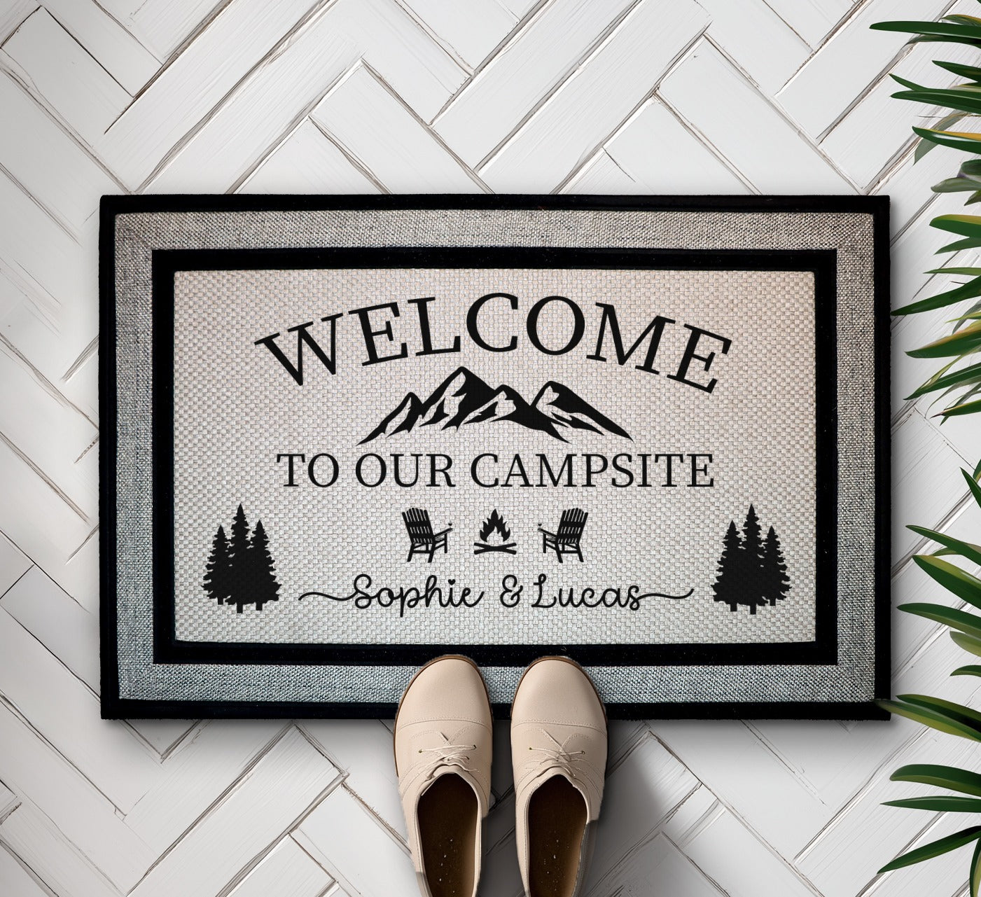 Custom Couple's Welcome Mat with Mountain Pine Tree and Campfire