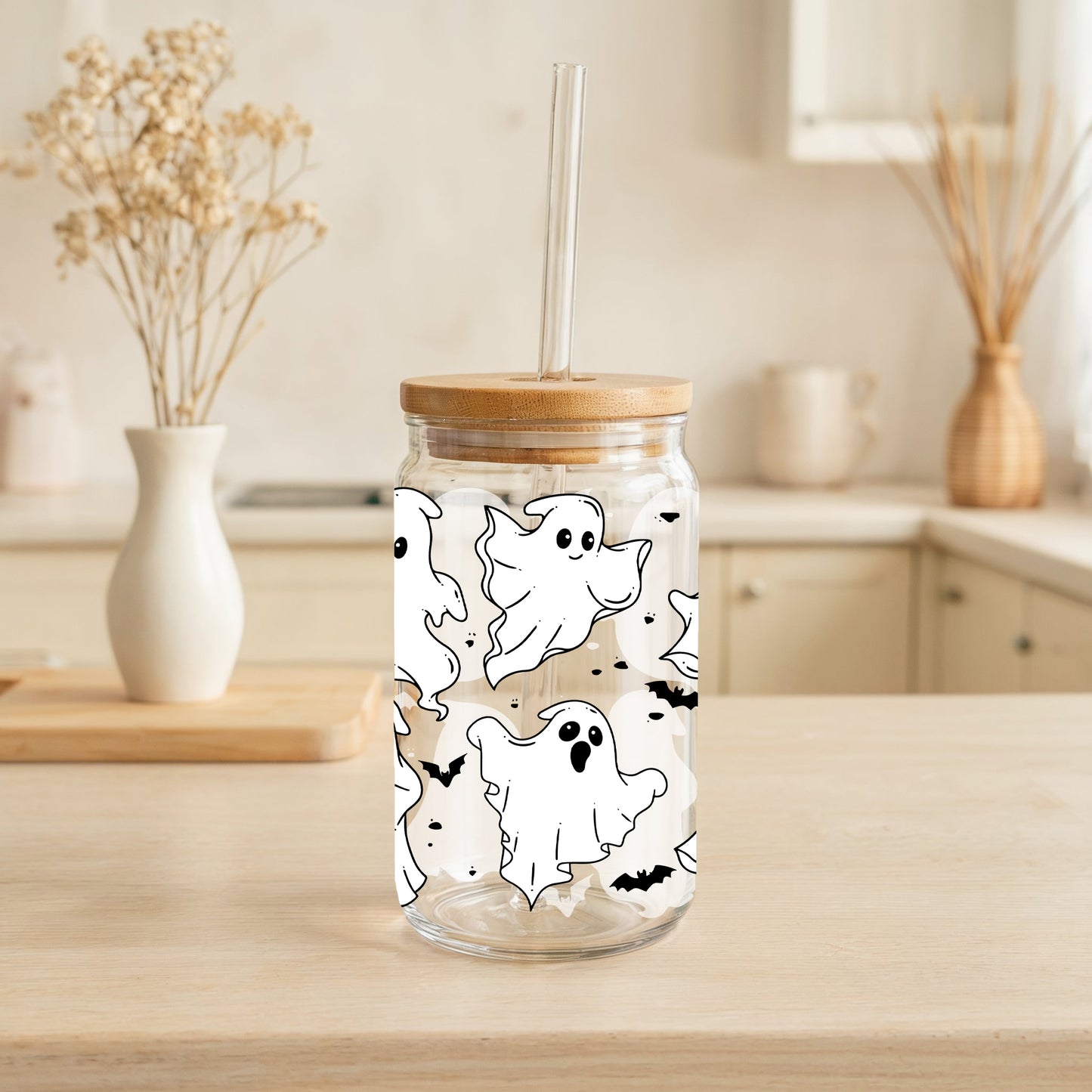 Halloween-Inspired Iced Coffee Cup: Cute Ghosts, Bats, Pumpkin Design