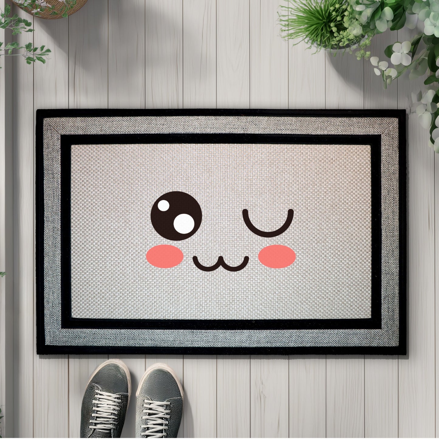 Playful Winking Emoji Doormat, Kawaii Welcome Mat for Front Porch