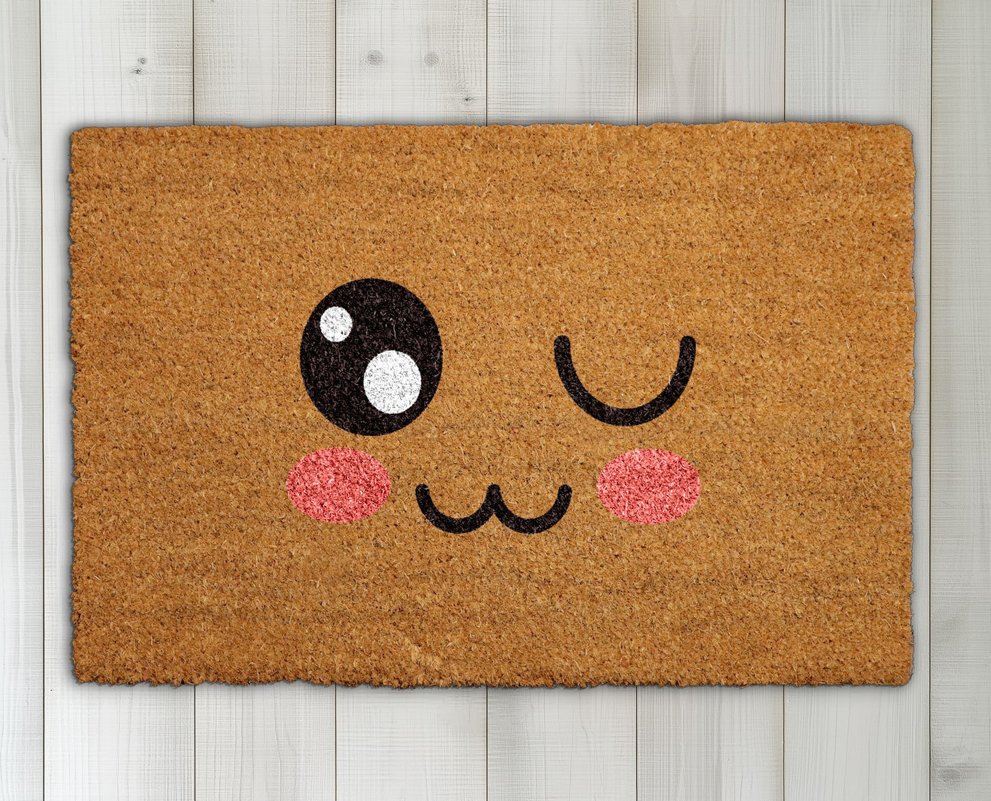 Playful Winking Emoji Doormat, Blush Cheeks Welcome Rug, Front Door Decor